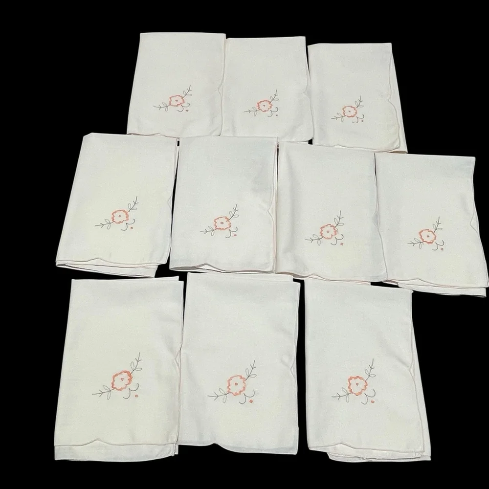 Vtg Set of 10 Embroidered Square Linen Table Napkins Light Pink Shabby Chic READ
